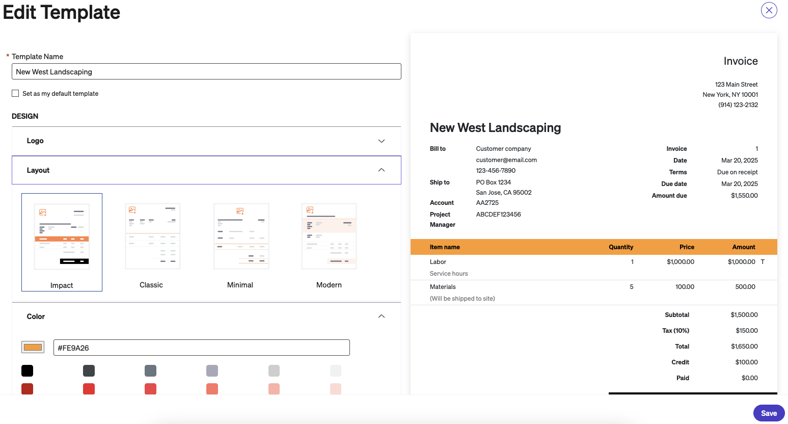 Invoice template editor showing layout options, color choices, and a sample invoice on the right.