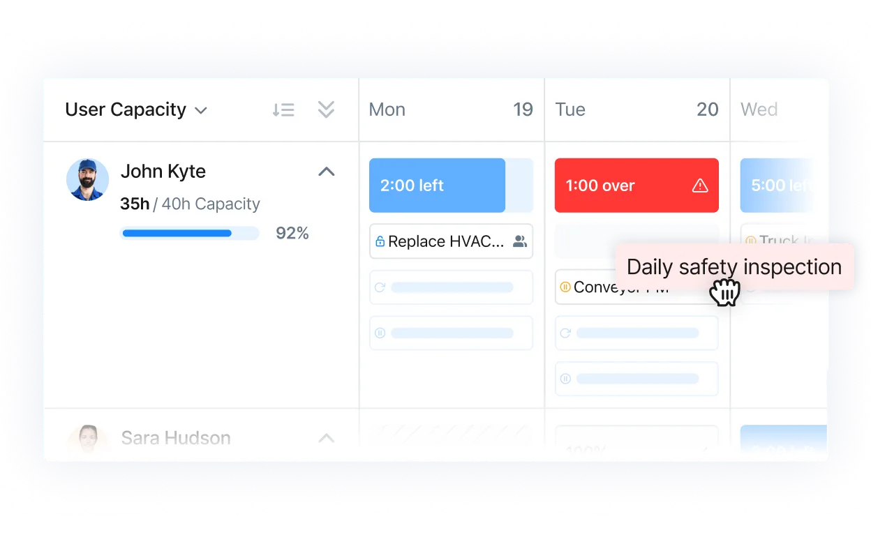 Screenshot of MaintainX application showing calendar view of user capacity