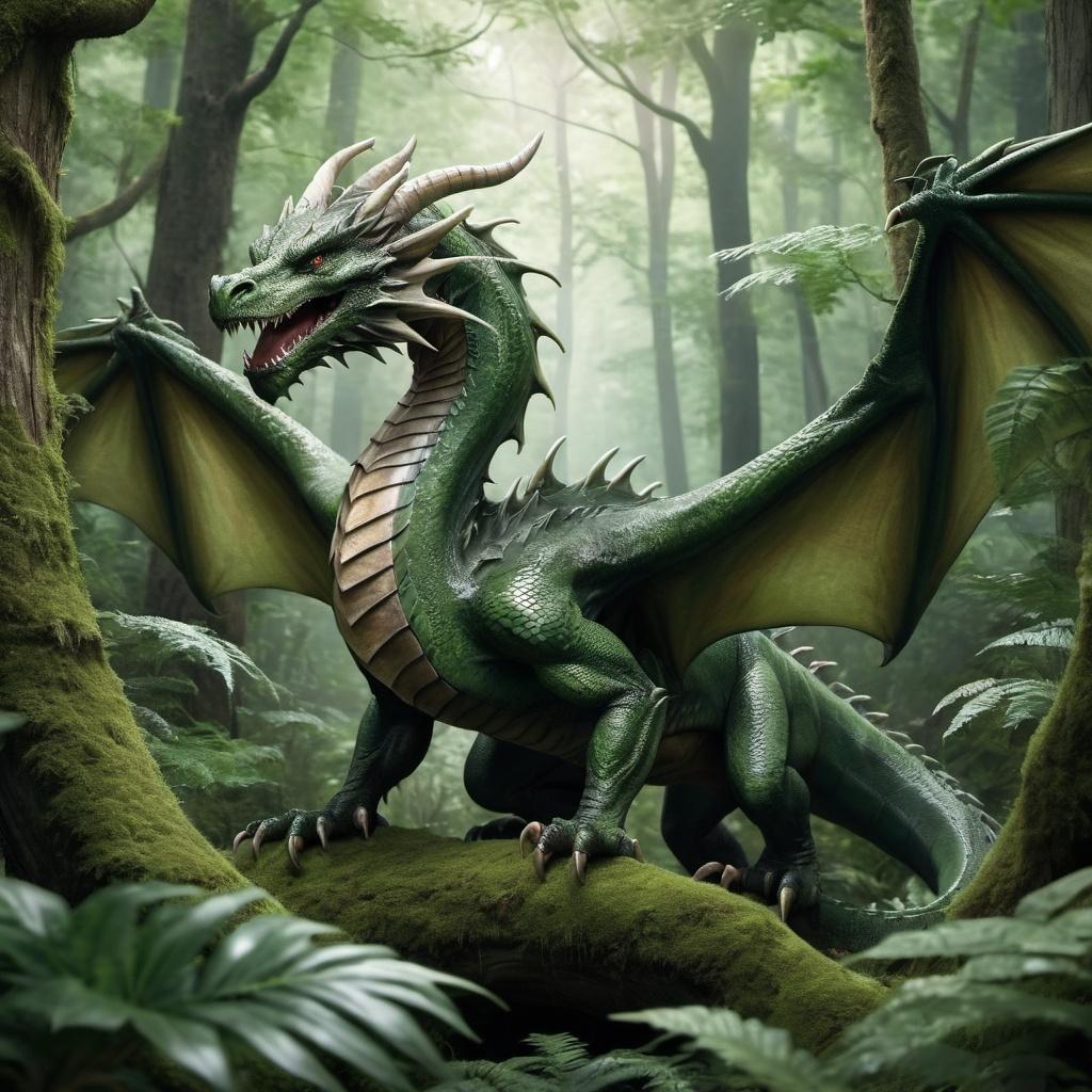 Realistic dragon in a dense forest, blending with the natural surroundings.