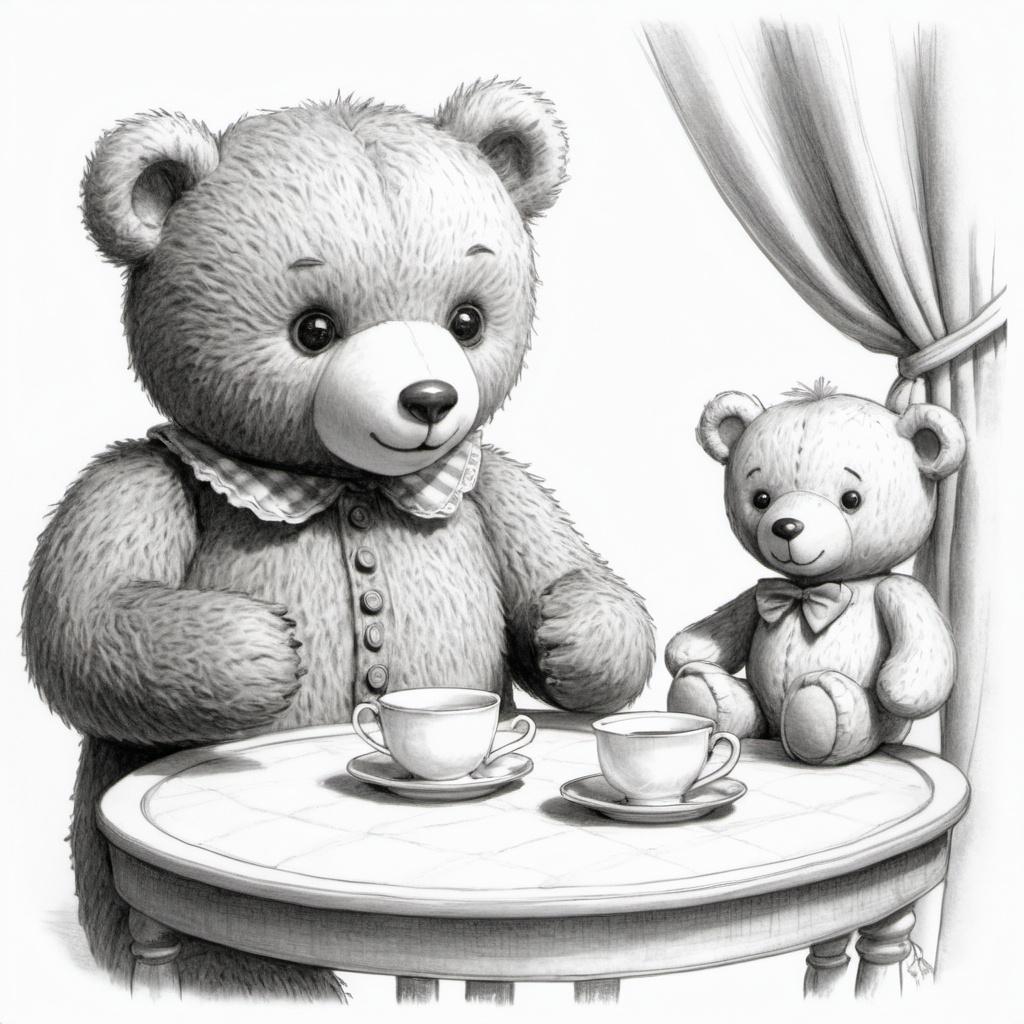 Cute and charming pencil sketch of a teddy bear having a tea party, perfect for a children's bedtime storybook.