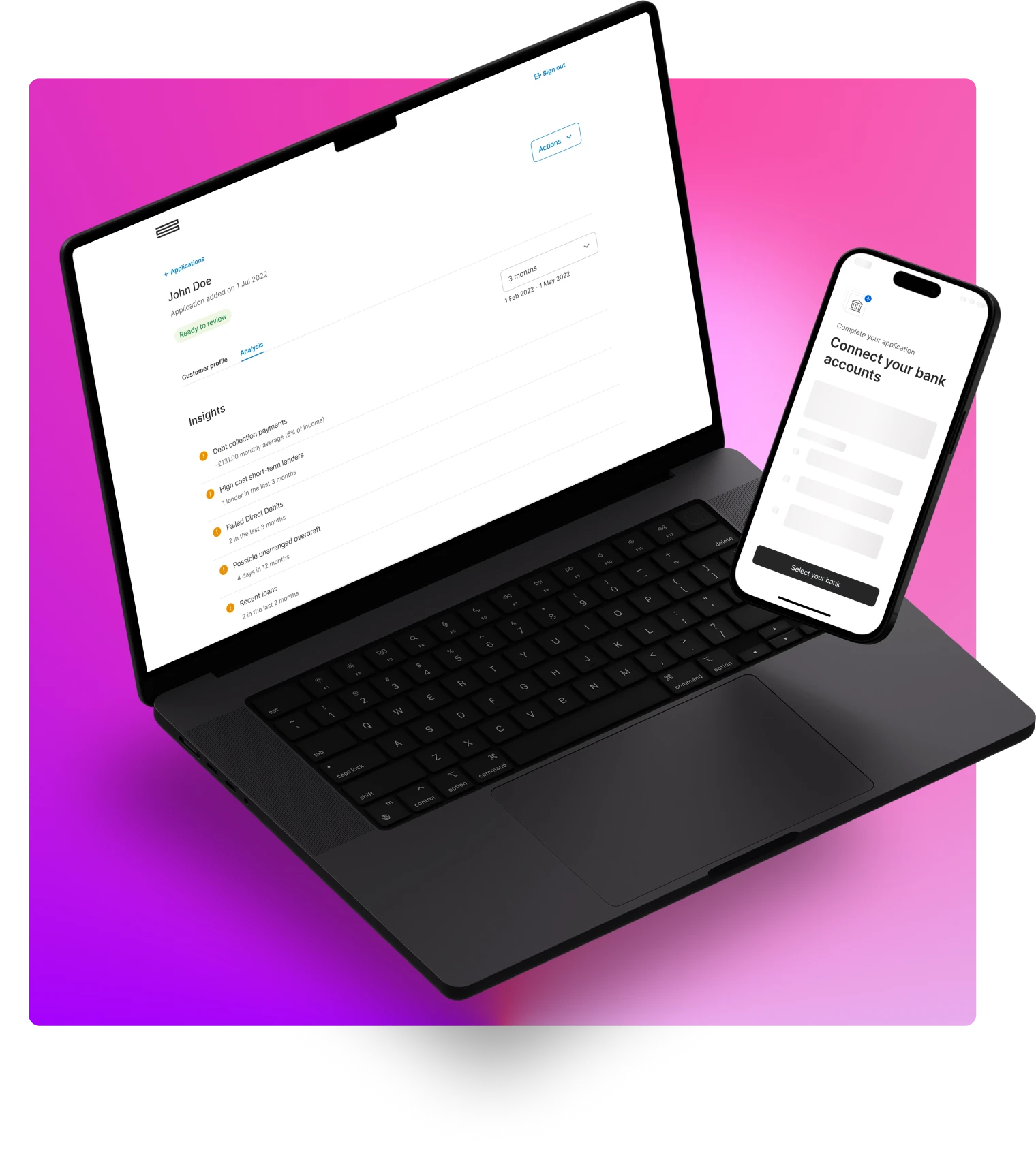 Bud's Assess product dashboard seen on a laptop alongside the credit applicant's experience on a mobile phone